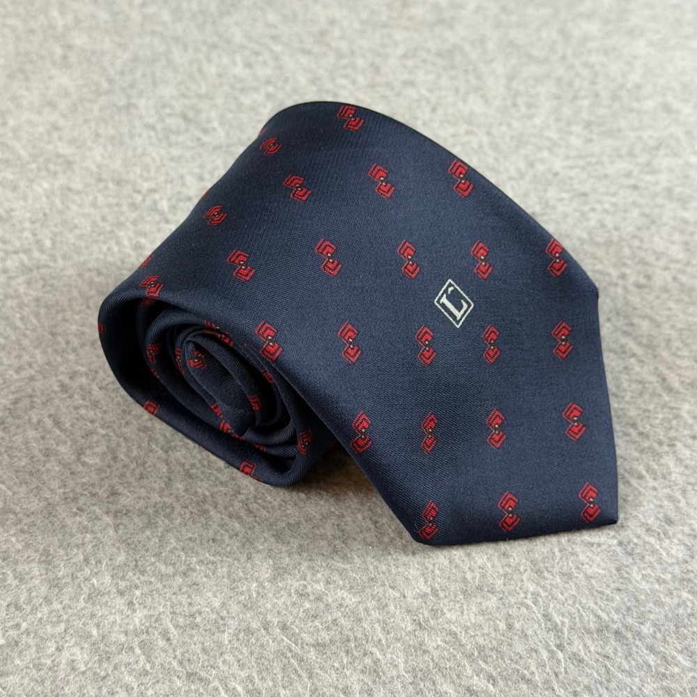 Vintage Lancôme Paris Mens Silk Necktie Navy Blue Red Geometric Logo Print 58x3"